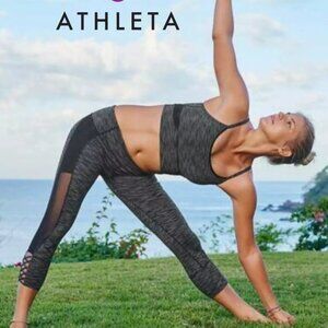 Athleta Mind Over Mat Capri Athletic Leggings Mesh & Braid Space Dye Gray Black